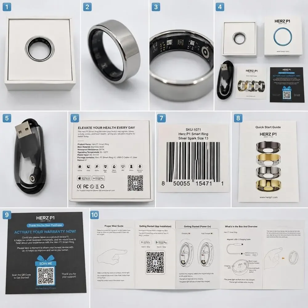 Herz P1 Smart Ring Size 13 Silver Spark Health Fitness Tracker iOS Android